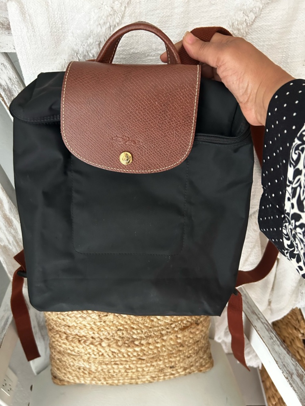 Longchamp black bag with green Longchamp tag